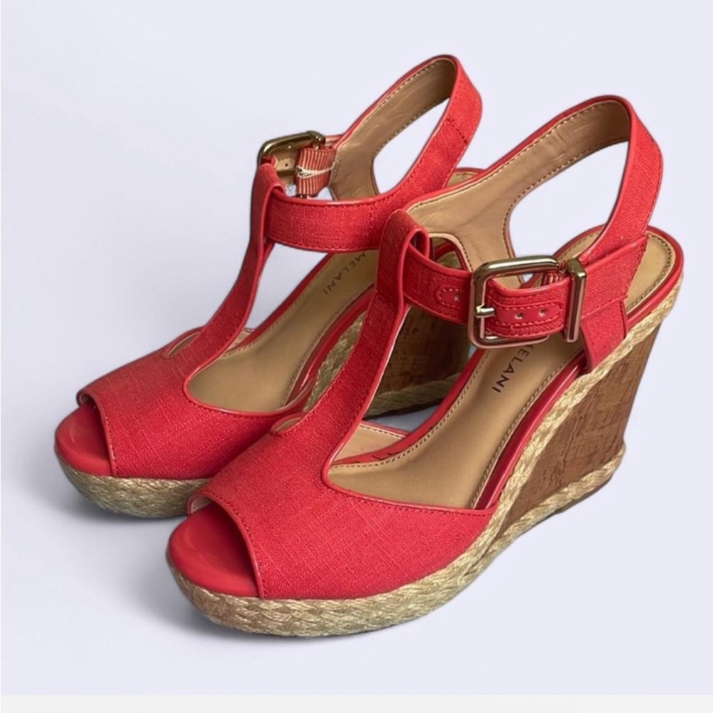 ANTONIO MELANI Coral Orange Wedge Sandals Espadrilles with T-Strap - Size 7.5